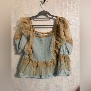 Anthropologie Blue and Tan Lace Ruffle Peasant Blouse
